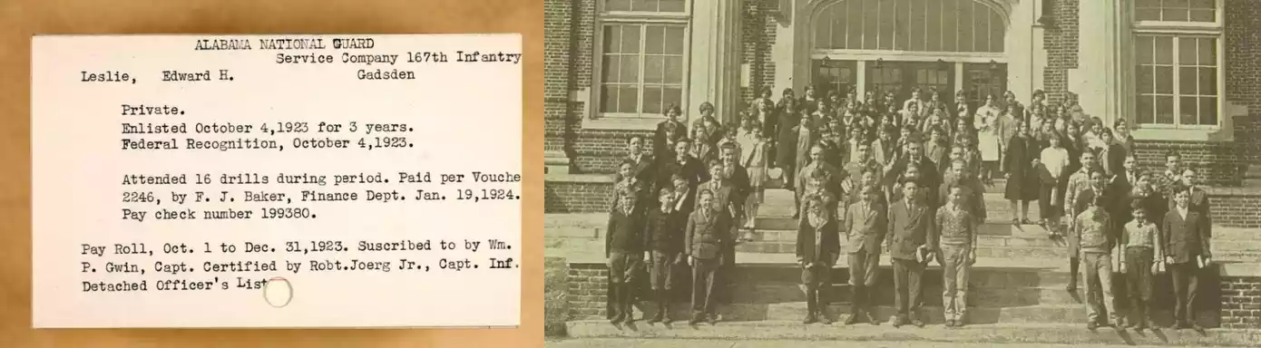 Edward Leslie conscription record and Gadsden City School photo
